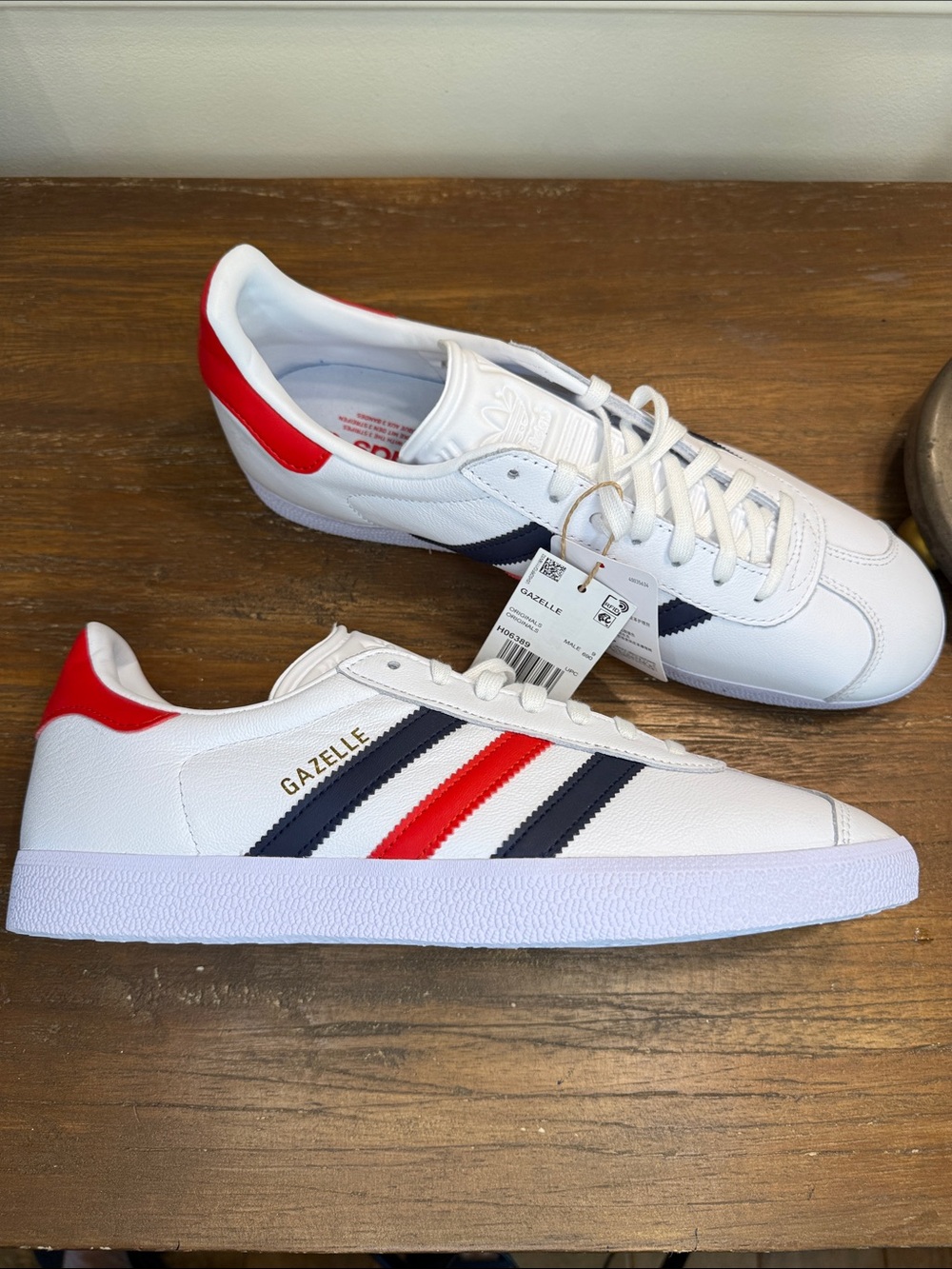 adidas Gazelle White Sneakers with Red & Navy Stripes